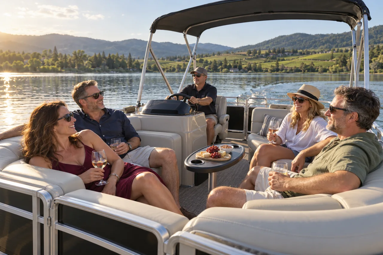Illustration of adult friends enjoying a captained pontoon boat on a calm lake