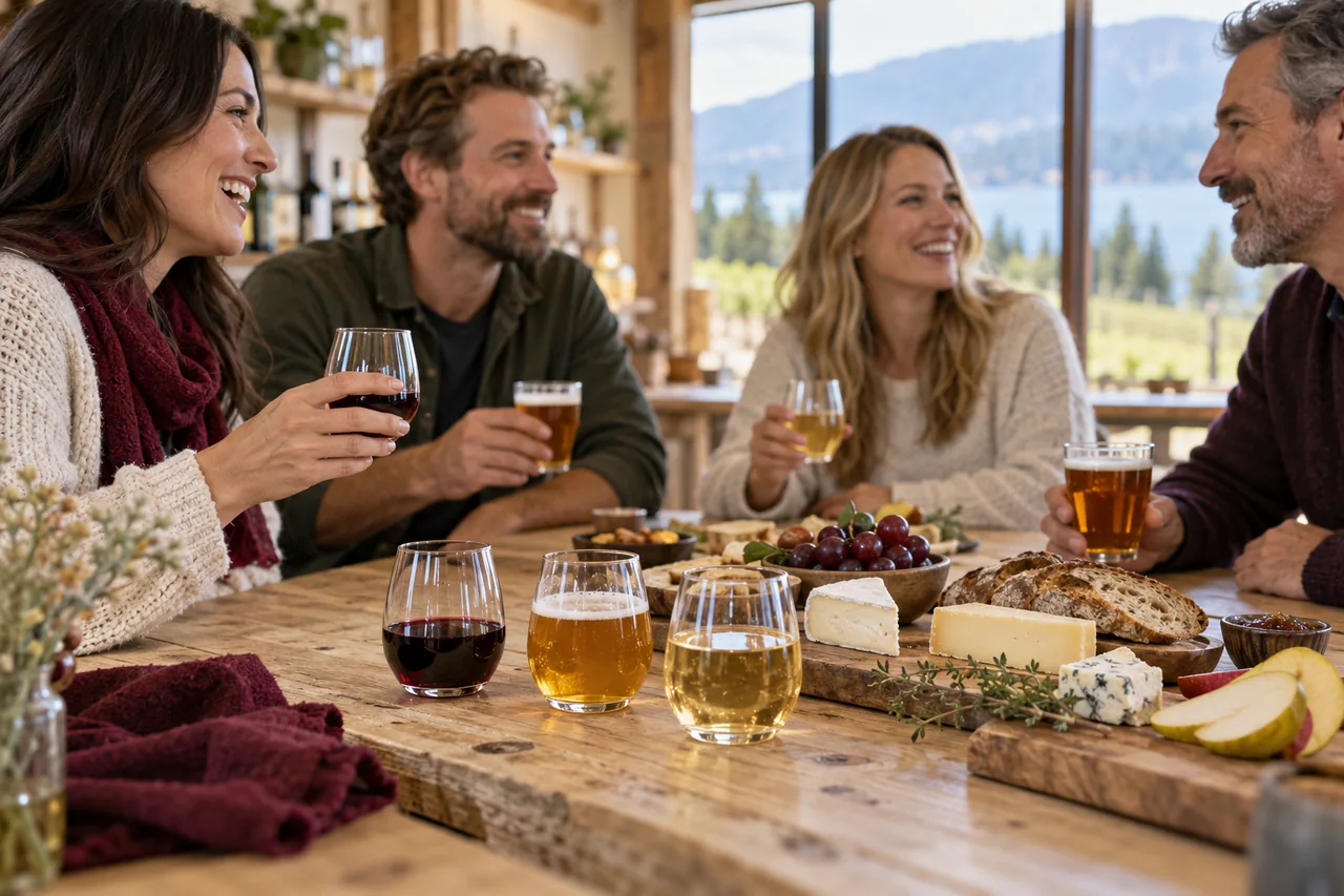 Illustration of friends sharing wine, beer and cider tasting flights with food
