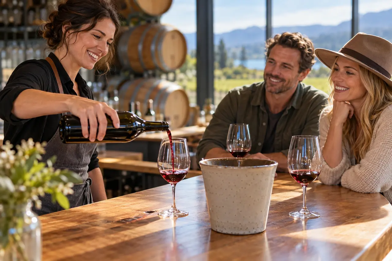 Illustration of a winery host pouring a tasting for two guests